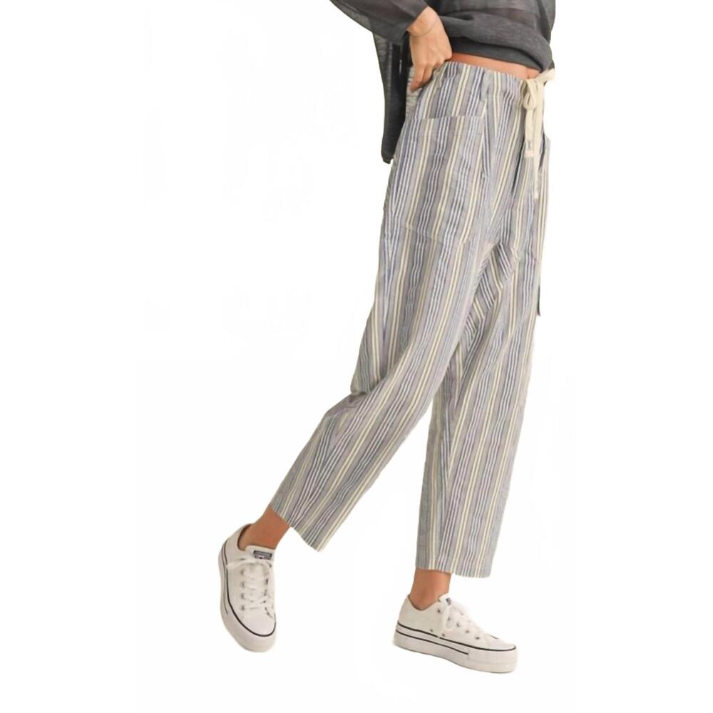 Striped Drawstring Straight-Leg Pants in Blue and White